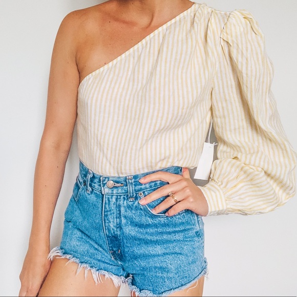Frame one shoulder puff sleeve linen striped top - Picture 4 of 11